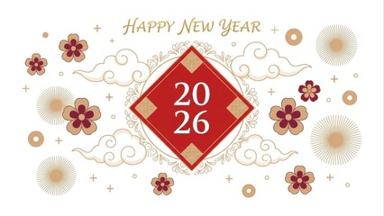 Happy new year celebration with floral ornaments and clouds