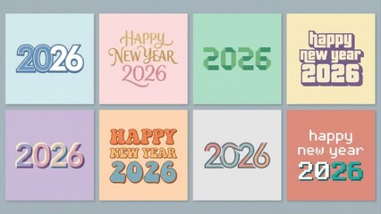 Happy new year 2026 text collection with diverse typography and colors