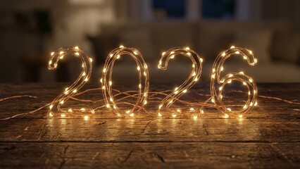 Illuminated numbers 2026 formed by warm white fairy lights on wood