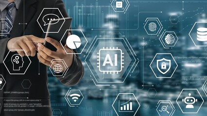Business Professional Using Smartphone with AI Technology Icons and Digital Graphs Background Representing Modern Digital Transformation and Innovation Gluon.