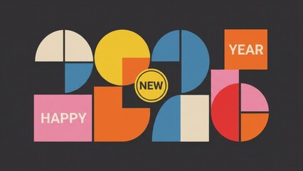 Abstract geometric happy new year design with colorful shapes and text