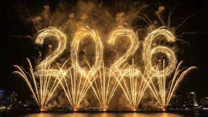 Golden fireworks display forming the year 2026 over water at night