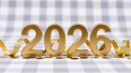 Golden 2026 numbers with festive ribbon and confetti
