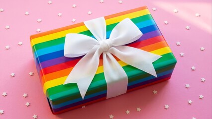 Colorful gift box tied with white ribbon on pink star background