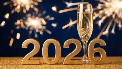 Golden year number 2026 with sparkling champagne and fireworks