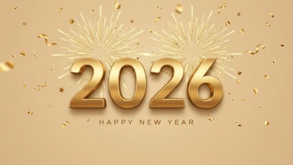 Golden 2026 new year celebration with fireworks and confetti