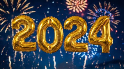 Golden 2024 balloons against festive fireworks display