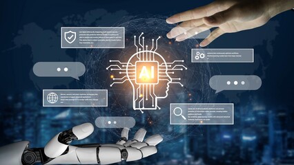 Futuristic Concept of Artificial Intelligence with Robotic Hand Reaching Towards Digital Brain and Communication Icons over Technology Background Gluon.