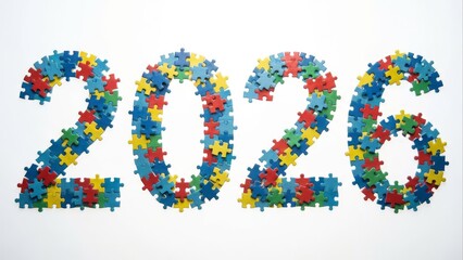 Year 2026 number composed of colorful puzzle pieces on white background