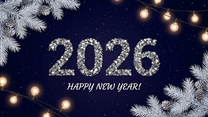 Sparkling new year 2026 celebration with festive lights and winter branches