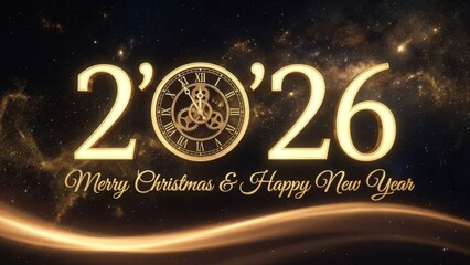 Golden new year 2026 celebration with clock and festive lights