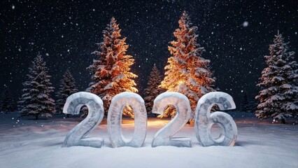 Happy new year 2026 winter celebration with snow and evergreen trees