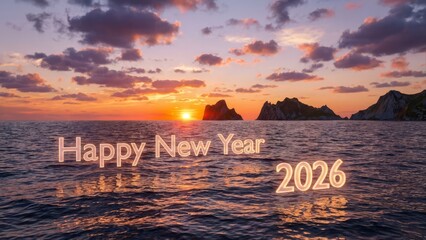 New year celebration sunrise over ocean water calm waves reflection