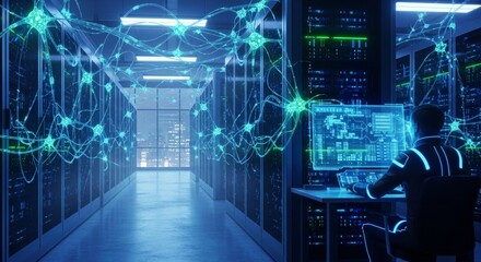 High-Tech Server Room with Data Visualization and Futuristic Design