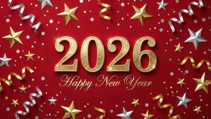 Festive celebration of new year 2026 with stars and confetti