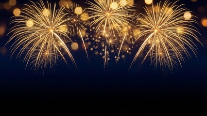 Golden firework explosions illuminating night sky with bokeh lights