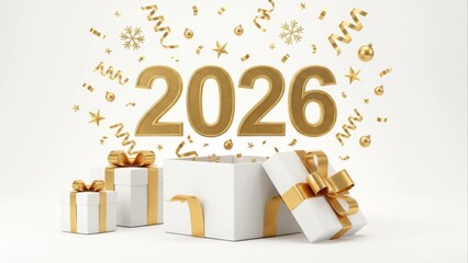 Golden year celebration presents and confetti new year 2026 concept