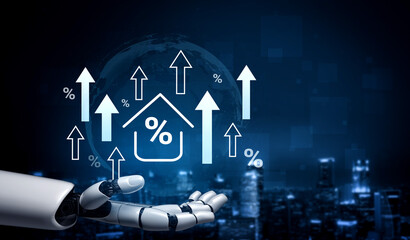 A futuristic robot hand symbolizes real estate market growth, showcasing upward arrows and percentage symbols against a digital backdrop, representing innovation in finance and technology. Gantry