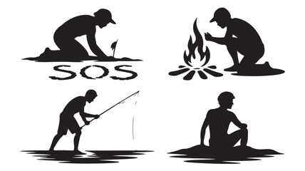 Survival Silhouettes in Distress Signal with Fire and Fishing in Dramatic Black and White for Emergency Guide