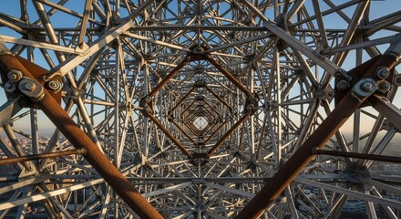 Intricate Metal Framework of a Tower Captured from an Inside Perspective