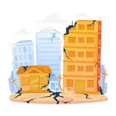 Earthquake Damage on Urban Buildings Vector Illustration