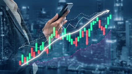 A business professional analyzes stock market trends using a smartphone. The image showcases a digital interface with rising graphs and financial statistics against a city night backdrop. Copula