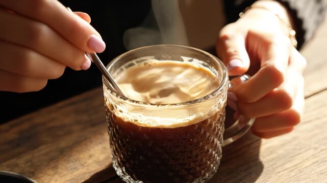Person stirring coffee in glass mug