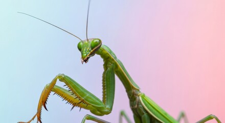 Close-Up of Green Praying Mantis Against Colorful Background
