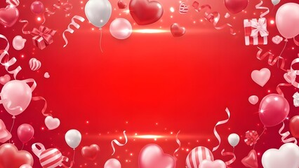 Celebratory red background with balloons and hearts