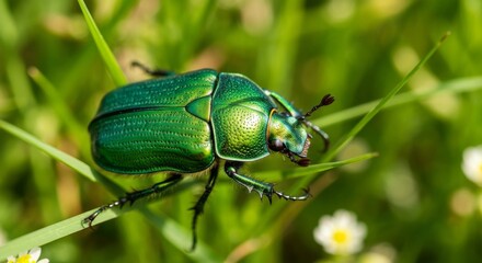Vibrant Green Beetle on Fresh Green Grass Under Bright Sunlight