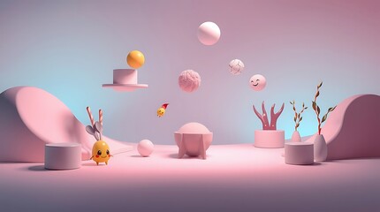Minimalist easter scene with pastel eggs and bunny