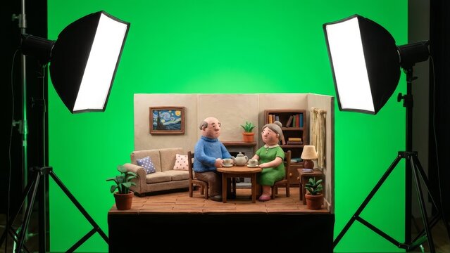 Claymation scene setup with green screen and studio lighting