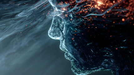Abstract digital human profile composed of glowing blue particles connected to fiery orange energy streams