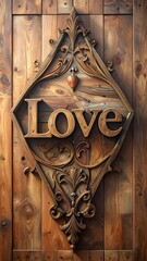 Ornate, wooden carving of the word "Love" is center, set against wood door. Diamond shape frame features intricate designs
