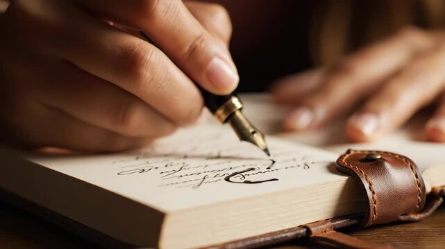 Hand writing cursive script in notebook using antique fountain pen