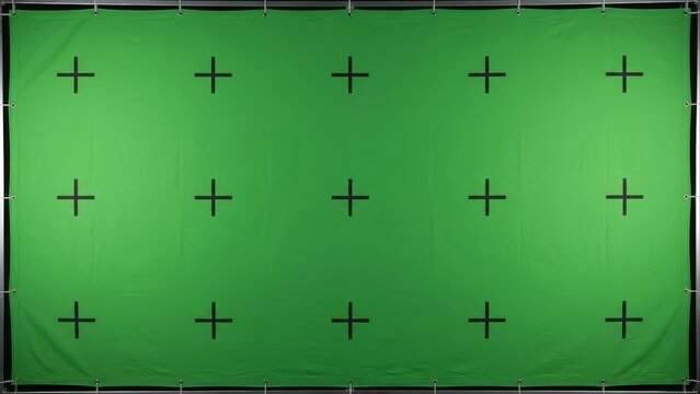 Green screen background with tracking markers for video production