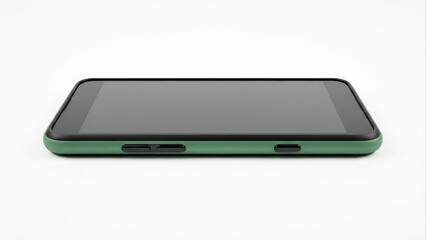 Modern mobile device with dark screen and green frame on white background