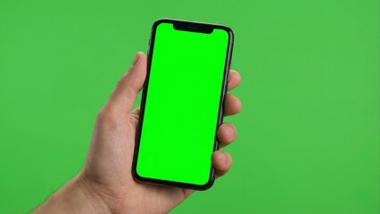 Hand holding a smartphone with green screen background for compositing