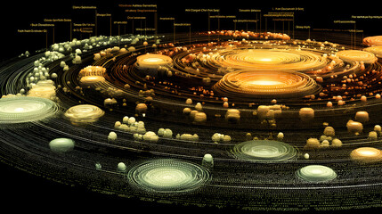 Abstract visualization of complex data structures showing luminous swirling orbits and labeled information clusters against black