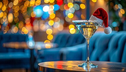 Festive martini cocktail with Santa hat and blurred bokeh lights in an elegant bar, celebrating Christmas and holiday season.