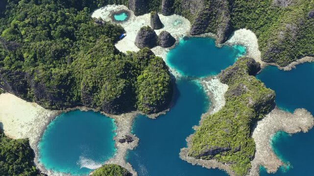 Beautiful rock islands, composed of ancient, uplifted reefs, rise from the seascape in Misool, Indonesia. This region harbors spectacular marine biodiversity and is a popular area for diving.