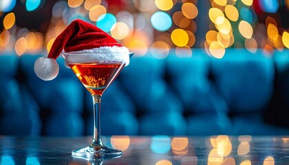 Festive Red Martini Cocktail with Santa Hat on a Reflective Bar Counter Against Bokeh Lights