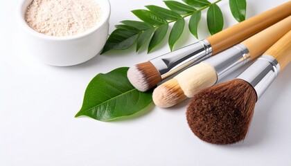 Natural bamboo makeup brushes and cosmetic powder with green leaves on a clean white background, representing eco-friendly beauty and skincare.