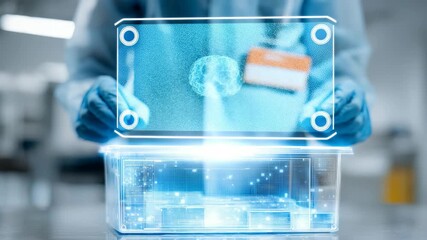 Scientist in protective gloves interacting with a futuristic digital interface above a transparent container in a modern laboratory. Innovative technology and science concept - Powered by Adobe