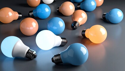 Scattered orange, blue, and glowing white LED light bulbs on a dark background, representing innovation and creative ideas.
