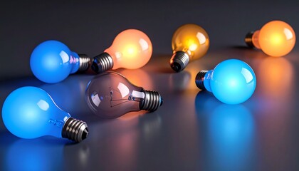 Glowing blue, orange, and yellow light bulbs with one unlit bulb on a dark reflective surface, symbolizing ideas and innovation.