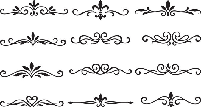 Elegant vintage ornamental dividers set with symmetrical floral scroll lines isolated on white