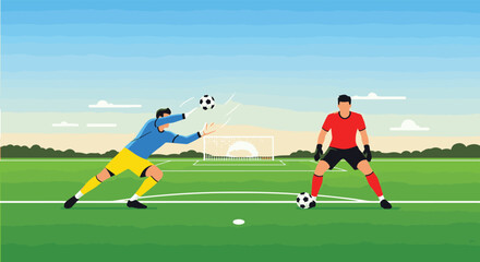 Fototapeta premium Soccer Goalkeeper Defends Against Strike on Green Field