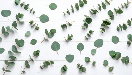 Overhead view of scattered eucalyptus branches and leaves on a white, weathered wooden surface