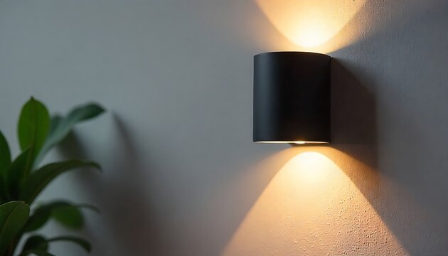 Modern black wall sconce emits soft light on a textured gray wall, creating a cozy, stylish ambiance with gentle upward and downward illumination, created with generative ai